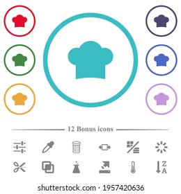 Chef hat flat color icons in circle shape outlines. 12 bonus icons included.