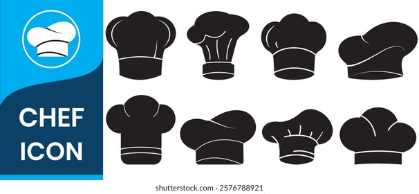 Chef hat flat icon set. Chef hat black vector illustration, chef hat silhouettes, kitchen silhouettes. white background.