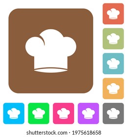 Chef hat flat icons on rounded square vivid color backgrounds.