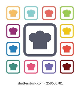 chef hat flat icons set. Open colorful buttons 