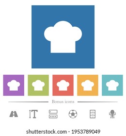 Chef hat flat white icons in square backgrounds. 6 bonus icons included.