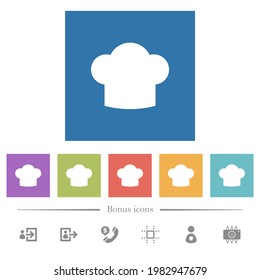 Chef hat flat white icons in square backgrounds. 6 bonus icons included.