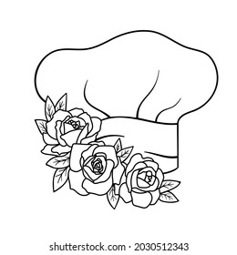 Kochmütze mit Blumen. Vektorgrafik im Konturstil einzeln auf Weiß. Logo für Bäckerei, Café
