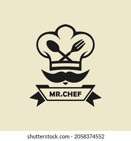 Sombrero de chef con tenedor y cuchara cruzada, diseño del logotipo del restaurante