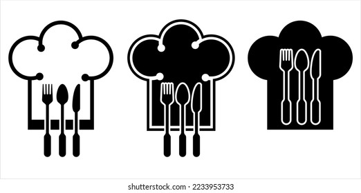 Chef Hat Fork Spoon Knife Icon, Traditional, Tall, Pleated Chef’s Hat, Chef Toque, Vector Art Illustration