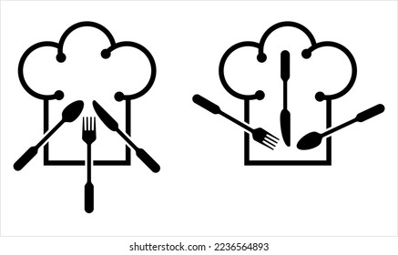 Chef Hat Fork Spoon Knife Icon, Traditional, Tall, Pleated Chef’s Hat, Chef Toque, Vector Art Illustration