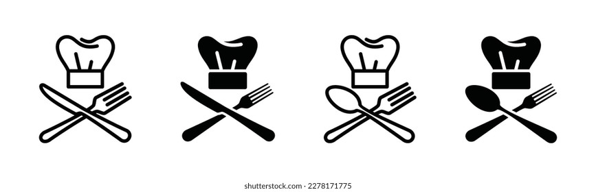 Chef hat, fork, spoon, and knife icon. Restaurant sign and symbol. A chef's hat with cutlery icon in line and flat style. Cutlery icon set. Dinnerware icon symbol. Vector illustration