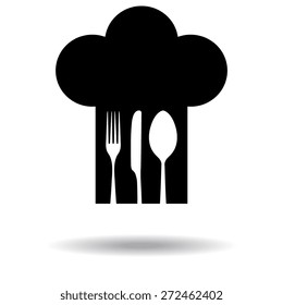 Chef hat with fork, spoon and knife inside. with shadow
