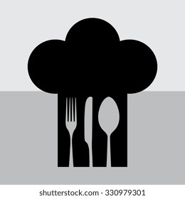 Chef hat with fork, spoon and knife inside 