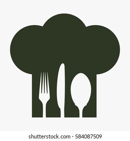 Chef hat with fork, spoon and knife inside.