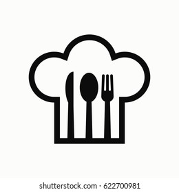 Chef hat with fork, spoon and knife inside flat vector icon.