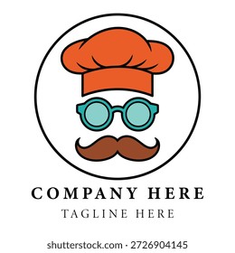 Sombrero del cocinero y vidrios con el bigote en diseño del logotipo del círculo para la Plantilla de la compañía del negocio del restaurante o de la comida
