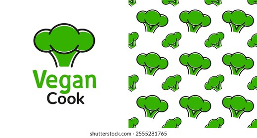 Chef hat green cabbage broccoli. Sign or logo template. Seamless background for printing on paper, packaging, souvenirs 