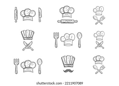 Chef hat hand sketch line drawing template for background, banner, card, poster design