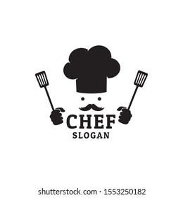 chef hat with hands holding spatula food restaurant vector logo design template