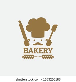 chef hat with hands holding spatula and rolling pin bakery restaurant vector logo design template