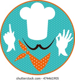 Chef hat, hands, mustache. Round menu card. Flat design style. Vector illustration. Icon