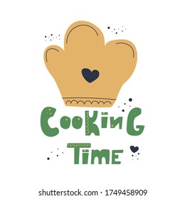 Chef hat with a heart and the text cooking time. Cooking classes concept. Flat hand drawn illustration.