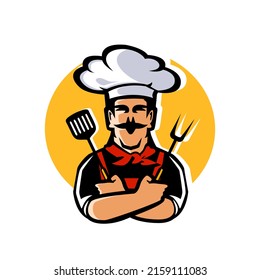 Chef en el sombrero con herramientas de cocina. Ilustración vectorial del concepto de cocina