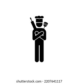 Chef with hat holding kitchen utensils pose with crossed arms icon. Chef with spatula and rolling pin stick man figure.