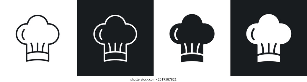 Chef hat icon collection in black and white filled and stroke line style.