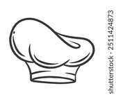 Chef hat icon, contour vintage toque of cooker. Funny retro doodle cap of French or Italian chef. Restaurant, cafe or pizzeria mascot. Line hand drawn costume of baker icon vector illustration