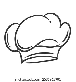 Chef hat icon, contour vintage toque of cooker. Funny retro doodle cap of French or Italian chef. Restaurant, cafe or pizzeria mascot. Line hand drawn costume of baker icon vector illustration