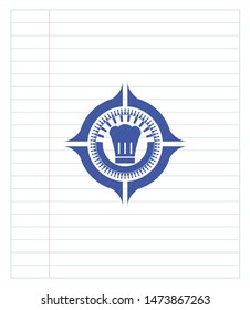 chef hat icon emblem drawn with pen. Blue ink. Vector Illustration. Detailed.