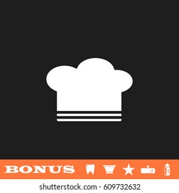Chef hat icon flat. White pictogram on black background. Vector illustration symbol and bonus button tooth, vase, star, mirror, bottle