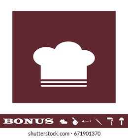 Chef hat icon flat. White pictogram on brown background. Vector illustration symbol and bonus icons