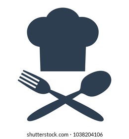 Chef hat icon with fork and spoon on white background. Vector illustration