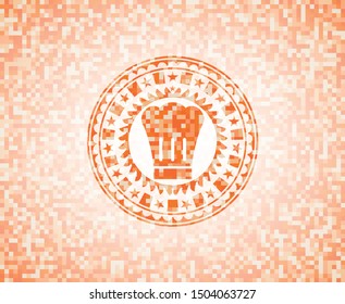 chef hat icon inside abstract emblem, orange mosaic background
