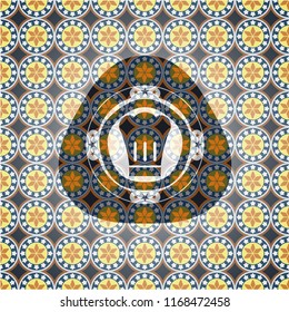 chef hat icon inside arabic badge background. Arabesque decoration.