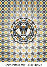 chef hat icon inside arabic style emblem. Arabesque decoration.