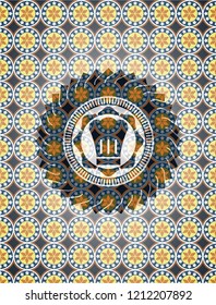 chef hat icon inside arabic style badge. Arabesque decoration.