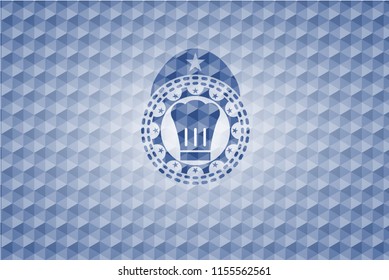 chef hat icon inside blue emblem with geometric pattern.