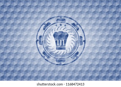 chef hat icon inside blue hexagon badge.