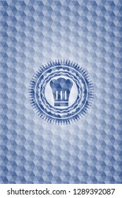 chef hat icon inside blue emblem or badge with geometric pattern background.