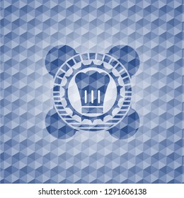 chef hat icon inside blue emblem with geometric pattern background.