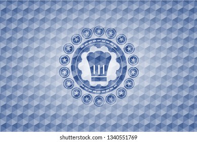 chef hat icon inside blue emblem with geometric background.
