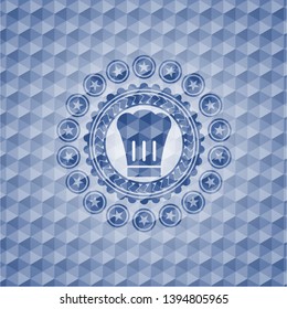 chef hat icon inside blue emblem or badge with abstract geometric pattern background.