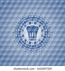 chef hat icon inside blue badge with geometric pattern background.