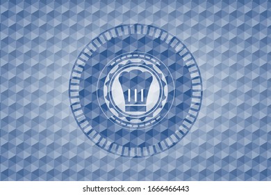 chef hat icon inside blue emblem or badge with abstract geometric pattern background.