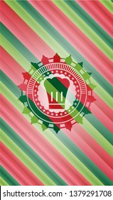 chef hat icon inside christmas colors style badge.