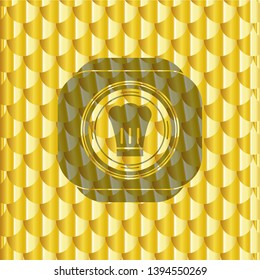 chef hat icon inside gold emblem or badge. Scales pattern. Vector Illustration. Detailed.