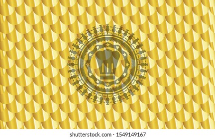 chef hat icon inside golden badge. Scales pattern. Vector Illustration. Detailed.