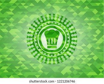 chef hat icon inside green emblem with mosaic background