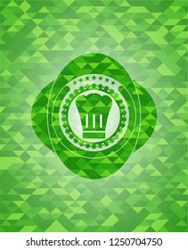chef hat icon inside green emblem. Mosaic background