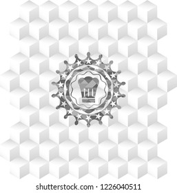 chef hat icon inside grey emblem. Retro with geometric cube white background