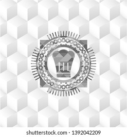 chef hat icon inside grey badge with geometric cube white background